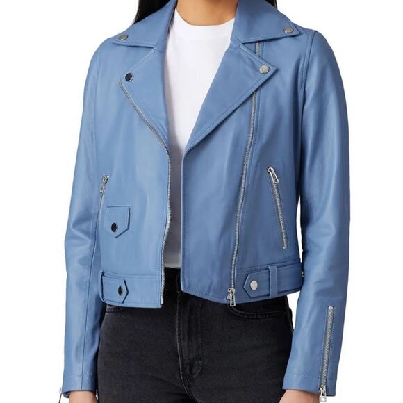Slate & Willow Womens Blue 100% leather Biker Moto Jacket Coat Size XS - Picture 1 of 13